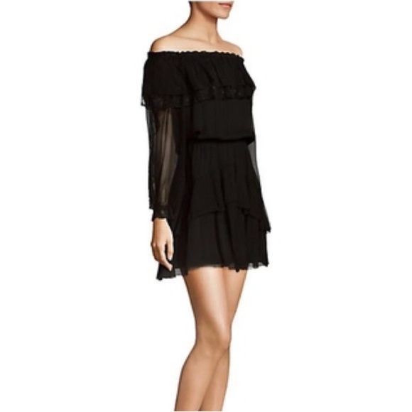 NWT Parker Palermo Silk Mini Dress Black Off The Shoulder Ruffle Size XS - Picture 2 of 6